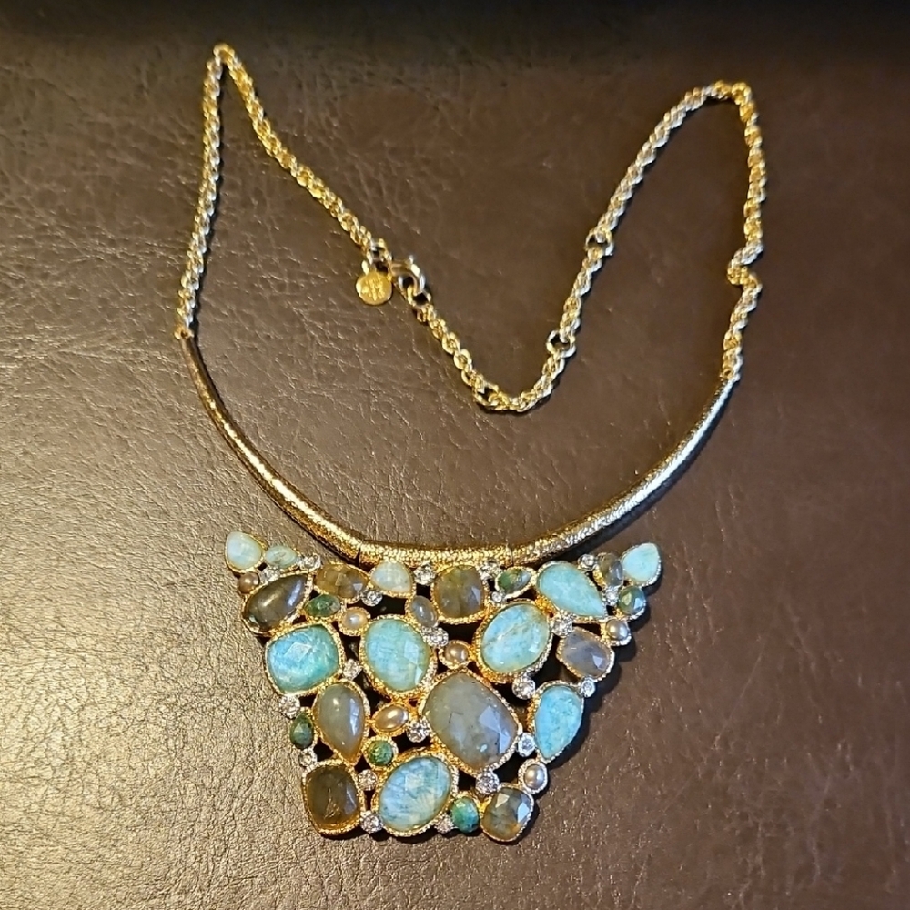 Alexis Bittar Gold Necklace with Blue and Gray Stones